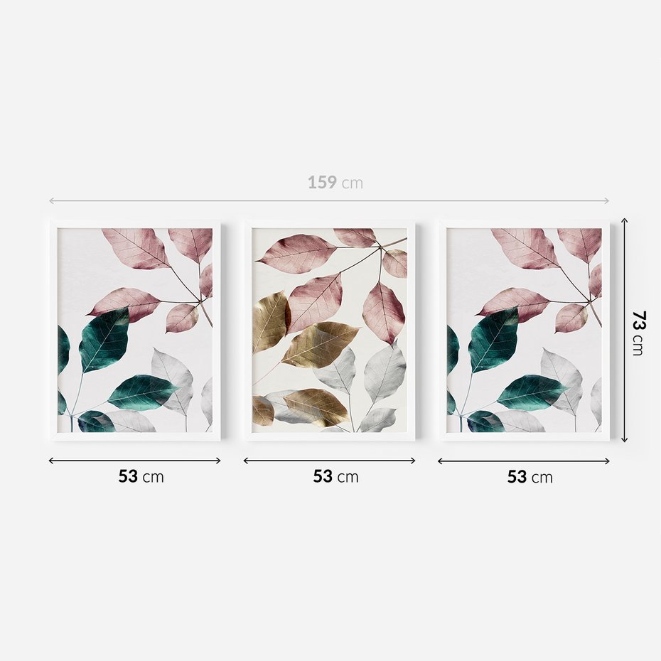Zestaw obrazy w ramie 50x70 galeria - Liście, srebrne, złote, minimalizm - rama biała