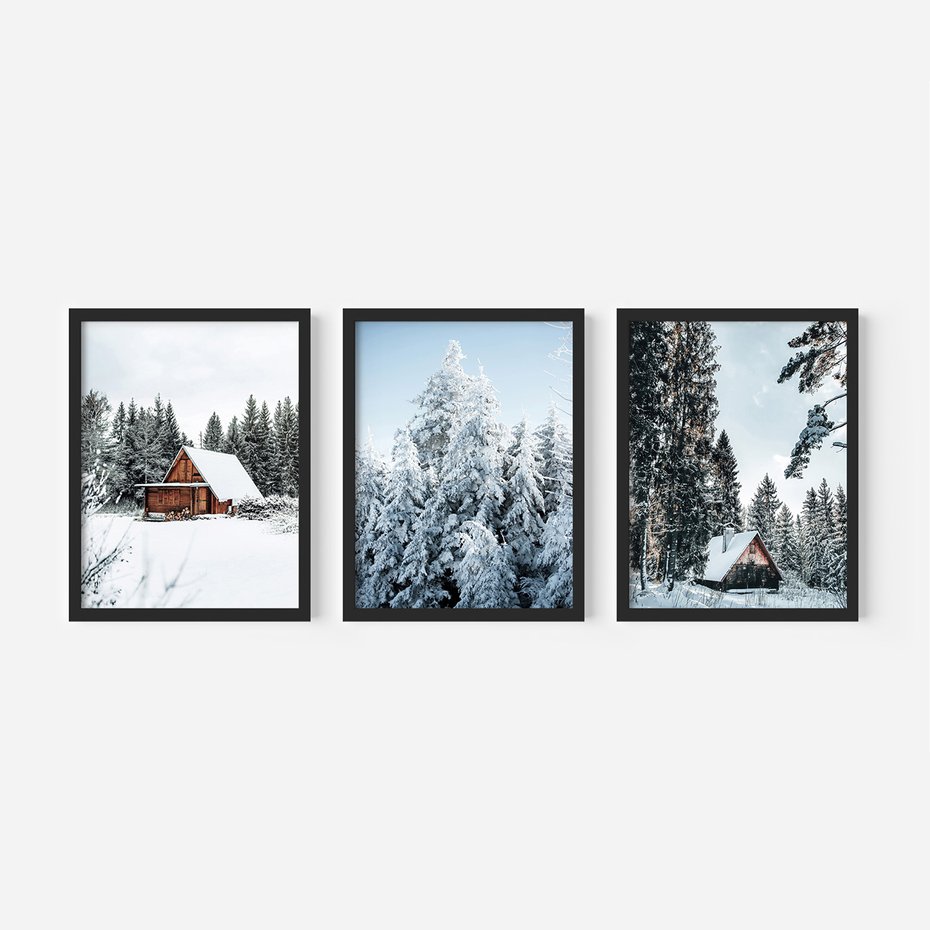 Zestaw obrazy w ramie 40x50 galeria - Las, zima, domki, śnieg - rama czarna
