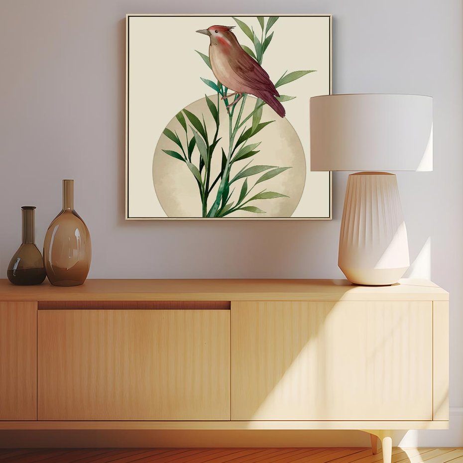 Obraz w ramie 50x50 - Rozkwitająca Delikatność - japońska sztuka, ptak - rama drewno