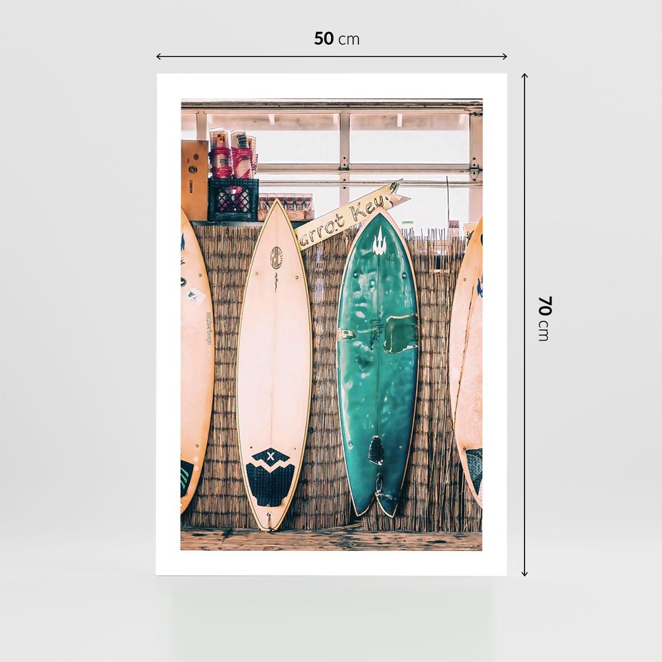 Plakat bez ramy 50x70 - Deski Surfingowe w Pionie - deski surfingowe, ustawione pionowo