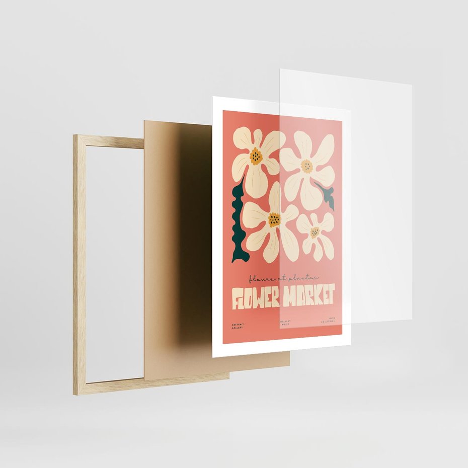 Plakat w ramie 50x70 - Szkicowane Kolorowe Uczucia - kwiatowa kompozycja, minimalizm - rama drewno