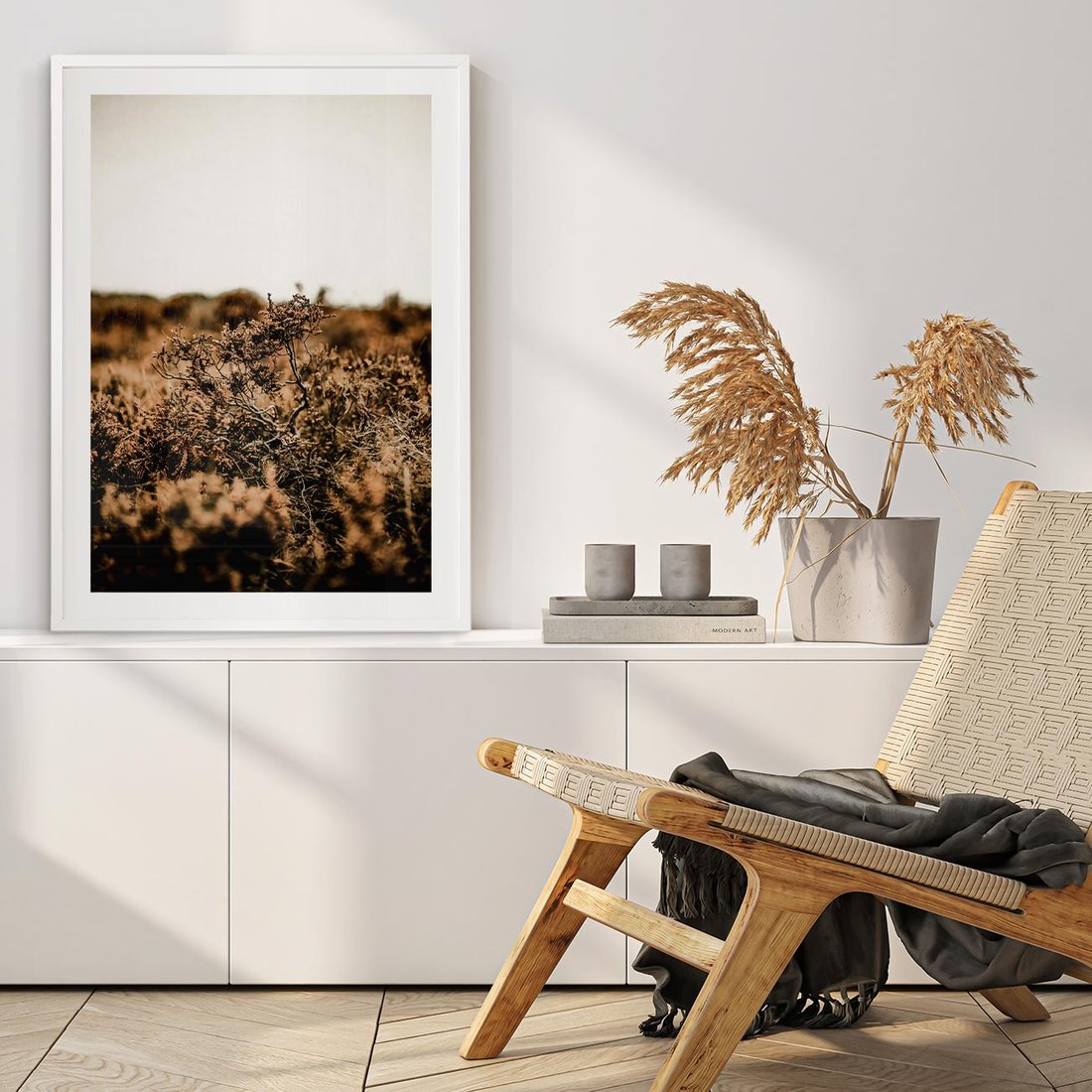 Plakat w ramie 50x70 - Krajobraz W Naturze: Beże i Brązy - suche krzewy, natura - rama biała