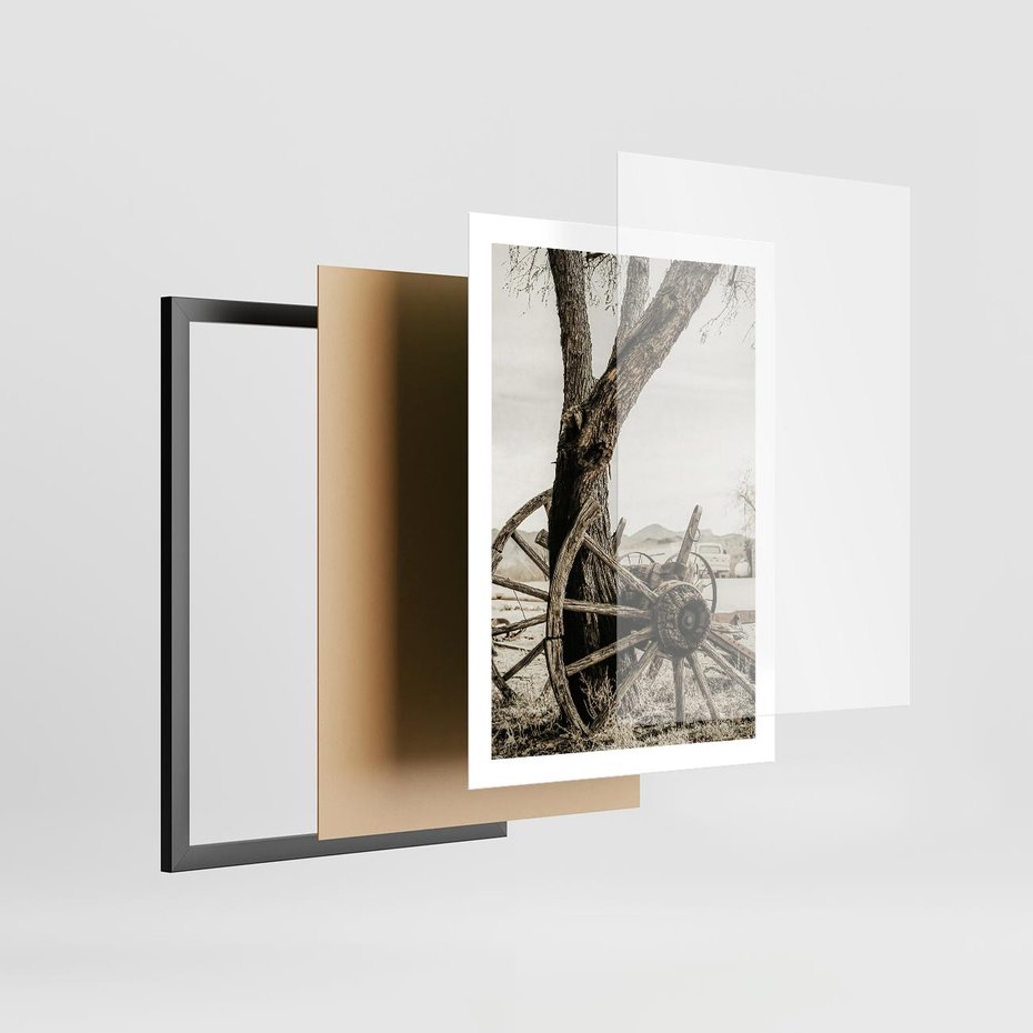 Plakat w ramie 50x70 - Rustykalna Tradycja - koło starego wozu, rustykalny styl - rama czarna