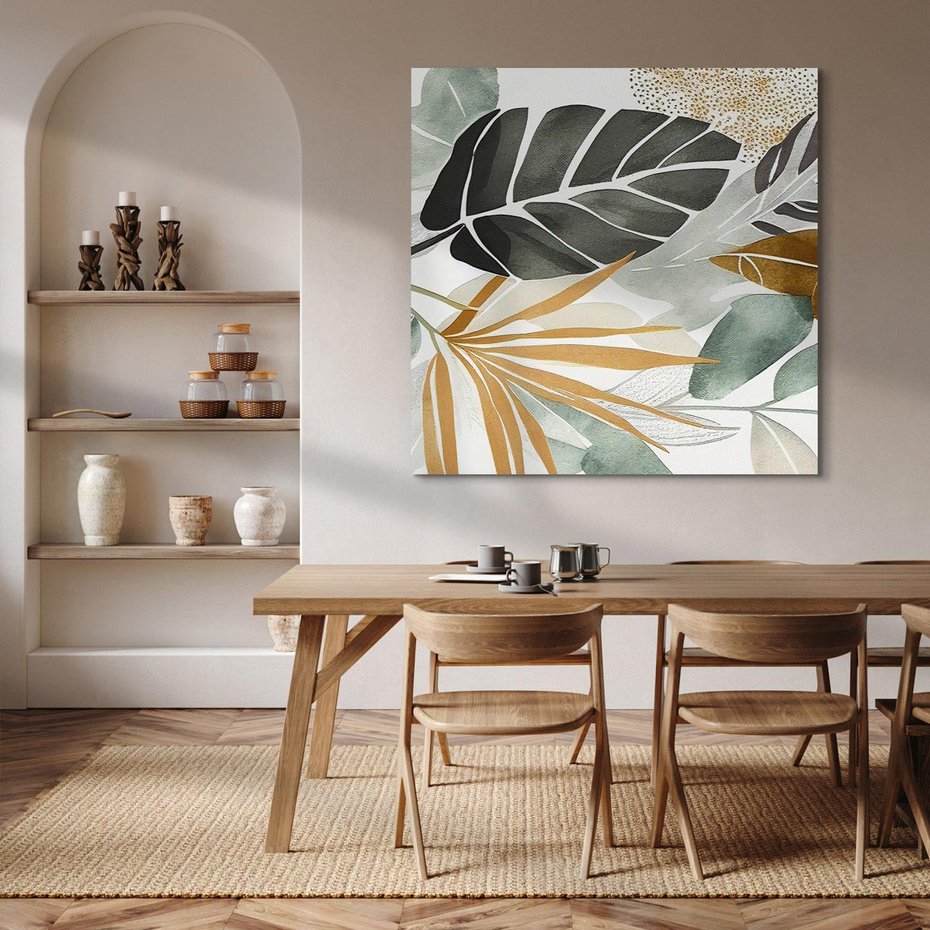 Obraz na płótnie 80x80 - Współbrzmienie wewnętrznego ja - kompozycja z tropikalnych liści, stonowane kolory
