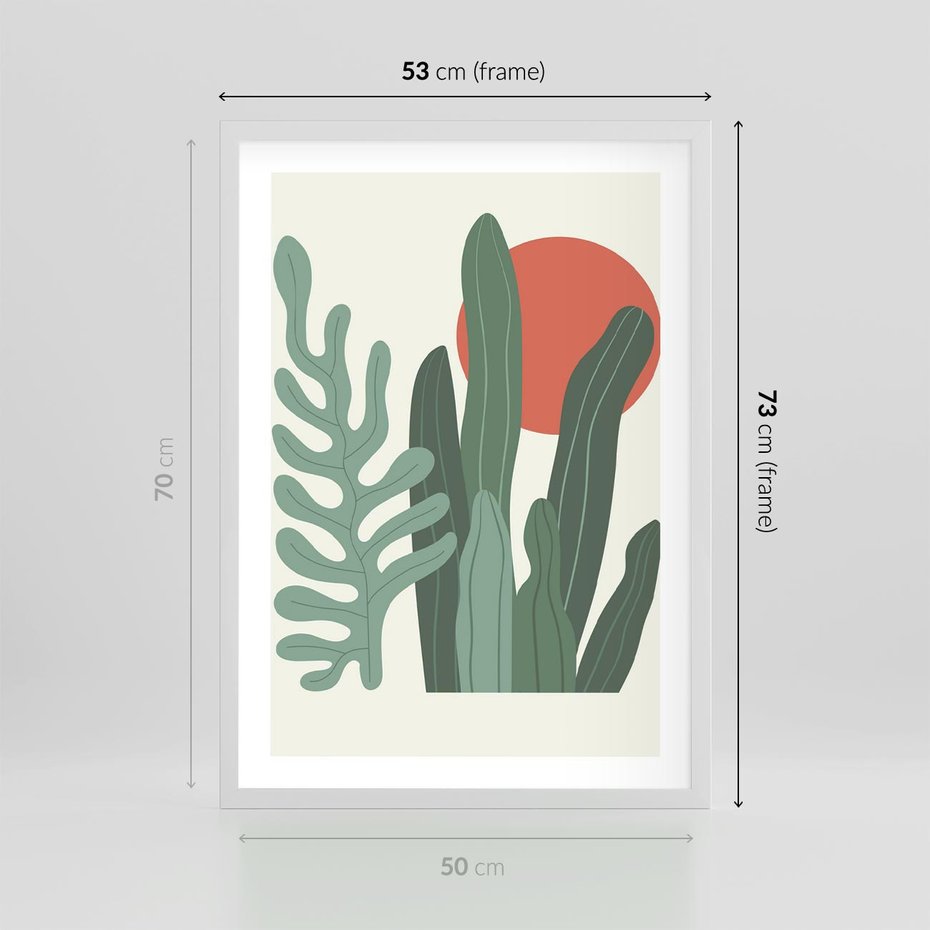 Plakat w ramie 50x70 - Graficzna Harmonia: Liście i Rośliny na Plakacie - liście, grafika - rama biała