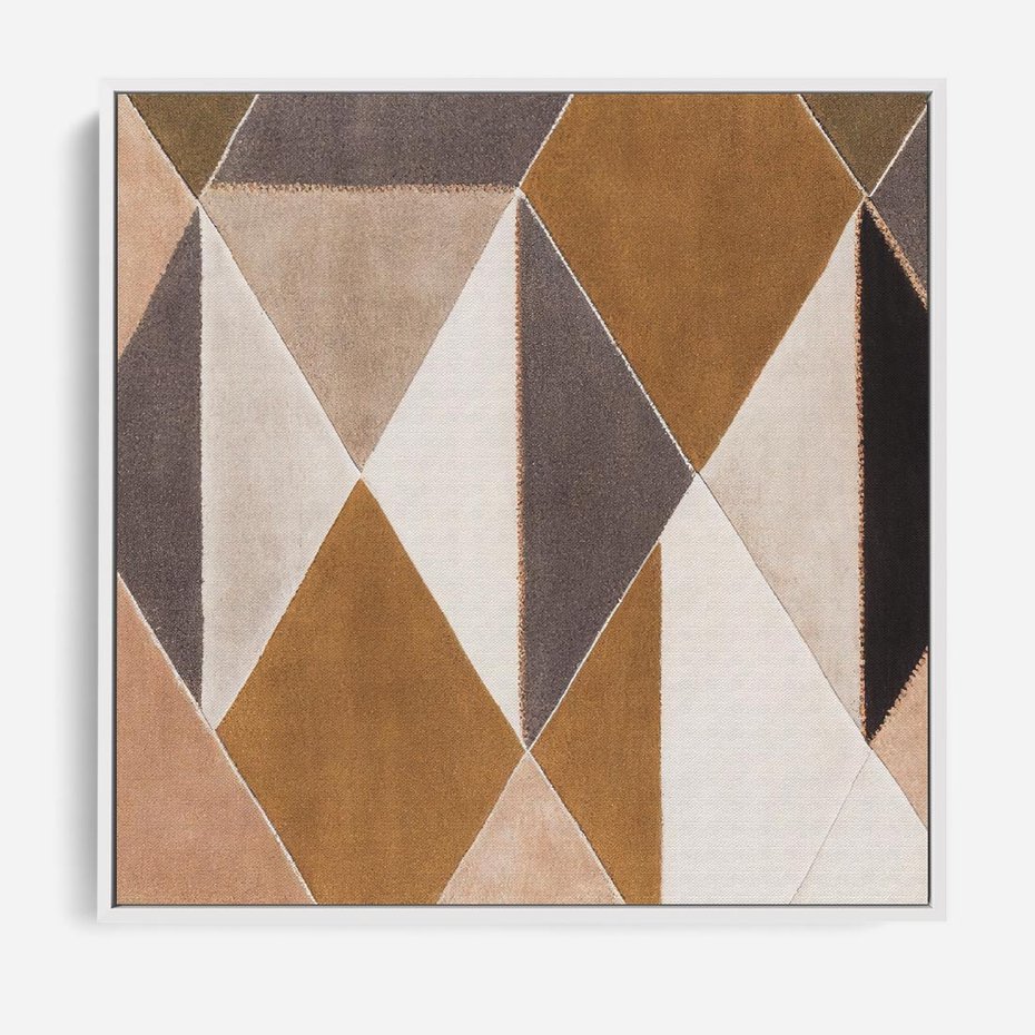 Obraz w ramie 80x80 - Odblaski niespełnionych marzeń - kompozycja z trójkątów, mix kolorów ziemi - rama biała