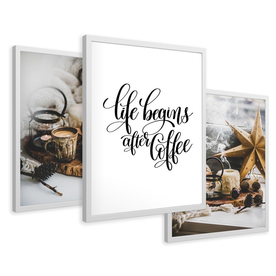 Zestaw obrazy w ramie 30x40 galeria - Kawa, napis, cytat, kuchnia, salon - rama biała