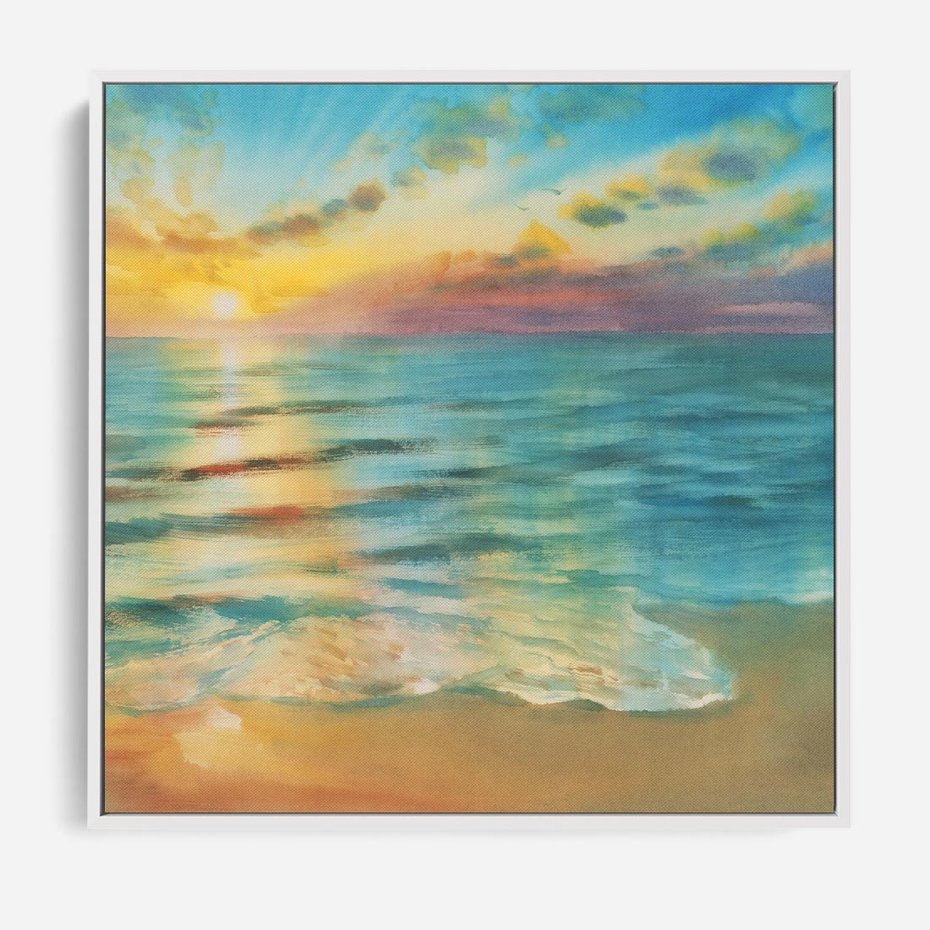 Obraz w ramie 50x50 - Objawienie Fioletowego Świtu - fioletowy wschód słońca, słońce wschodzi nad morzem - rama biała