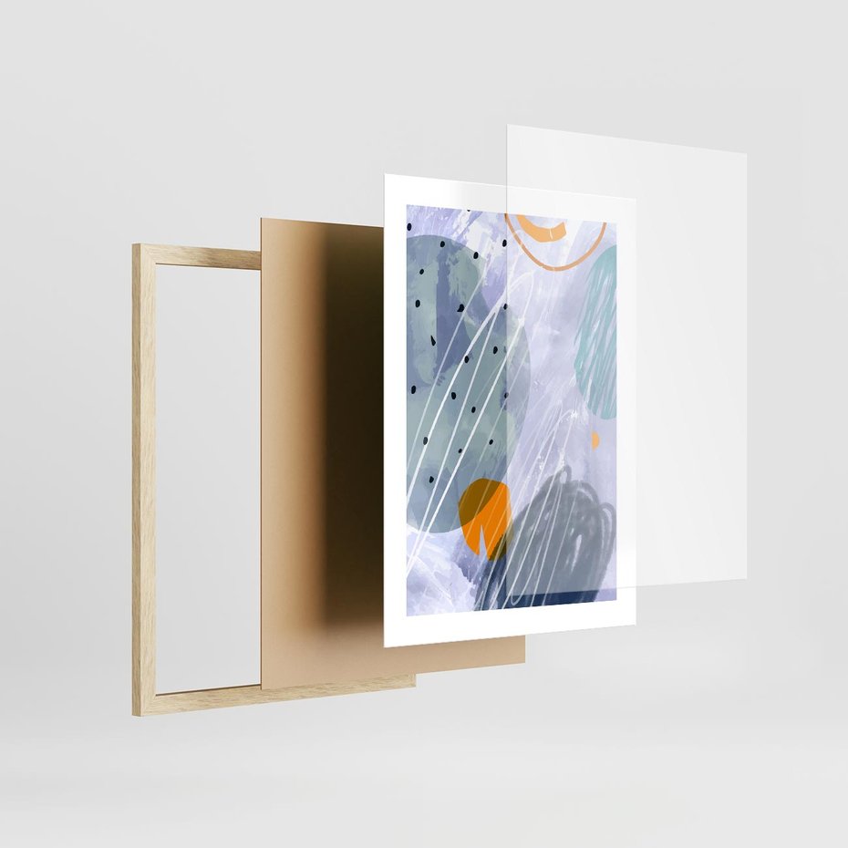 Plakat w ramie 30x40 - Pastelowe Przenikanie - abstrakcyjny plakat do młodzieżowego pokoju, granaty fiolety - rama drewno