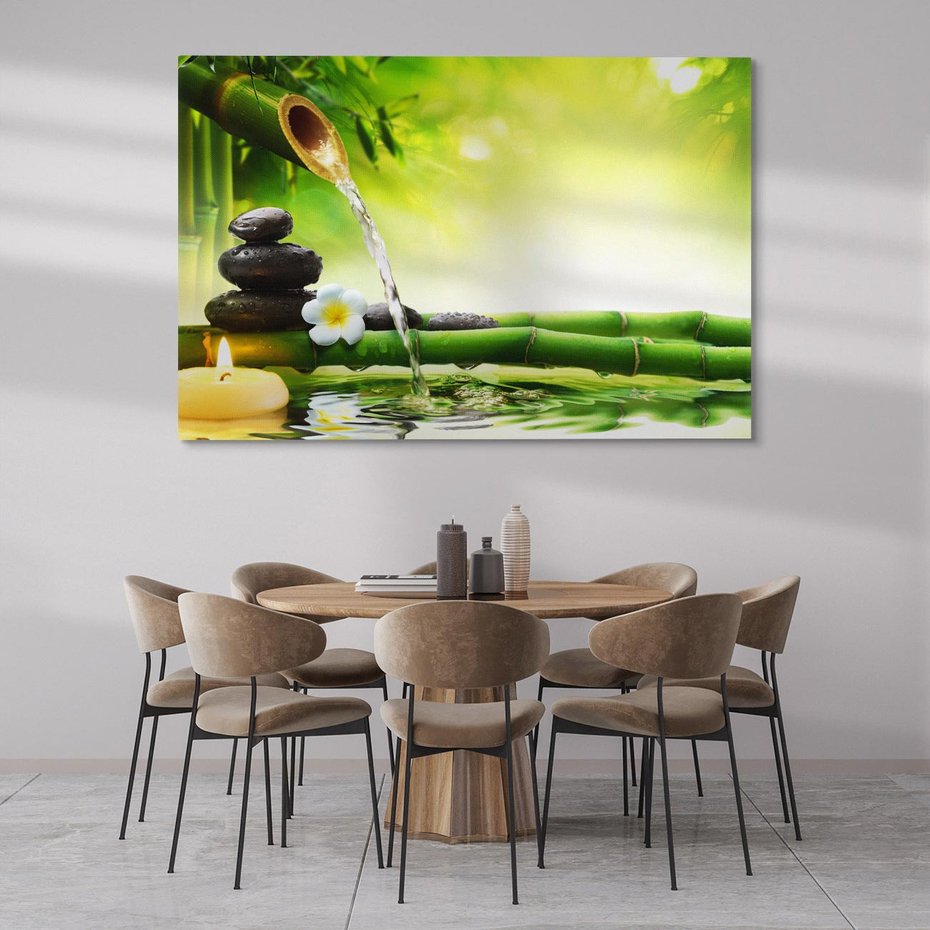 Obraz na płótnie 100x70 - Harmonia natury: Bambus, woda, kamienie - bambus, woda