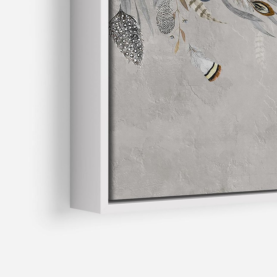 Obraz w ramie 50x50 - Sploty losu na płótnie - kompozycja boho piór, indiańskie pióra - rama biała