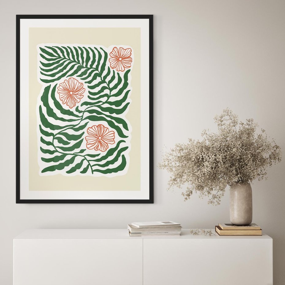 Plakat w ramie 30x40 - Migocące Wzory - abstrakcyjna kompozycja, paprocie - rama czarna