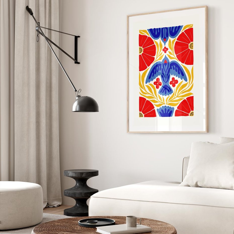 Plakat w ramie 40x50 - Eklektyczny Majestat - wyrazista grafika, mocne kolory czerwień niebieski żółty - rama drewno