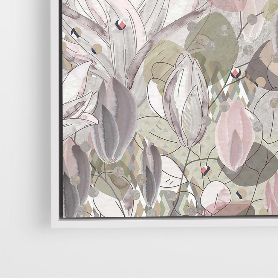 Obraz w ramie 80x80 - Pejzaże zatajonej duszy - połączenie tekstur, roślinne motywy - rama biała