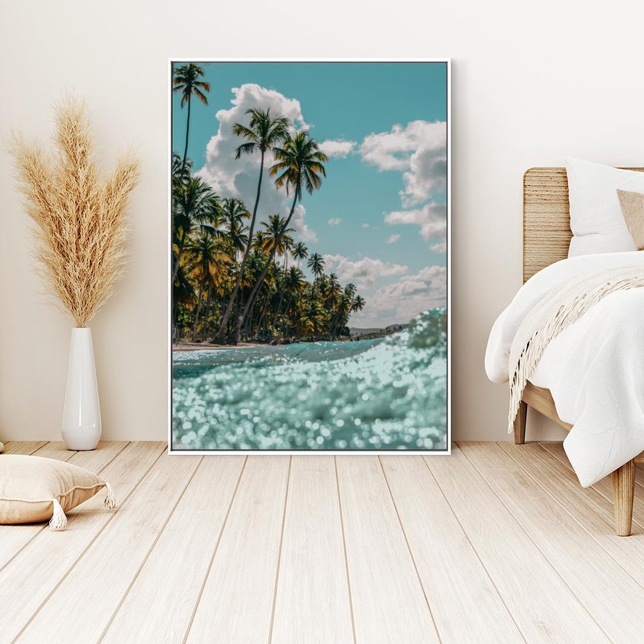 Obraz w ramie 50x70 - Rajskie Wakacje - plaża, palmy - rama biała