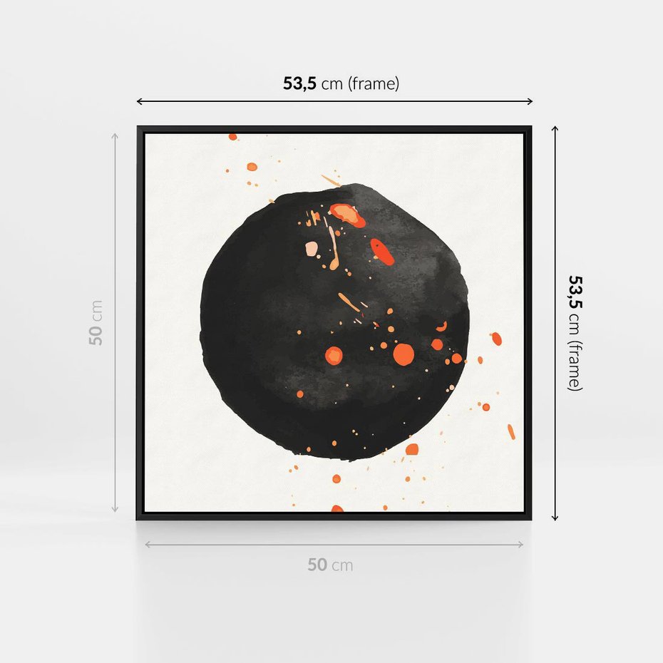 Obraz w ramie 50x50 - Wnętrza Marzeń - abstrakcyjna czarna plama, rozsiane pomarańczowe kropki - rama czarna