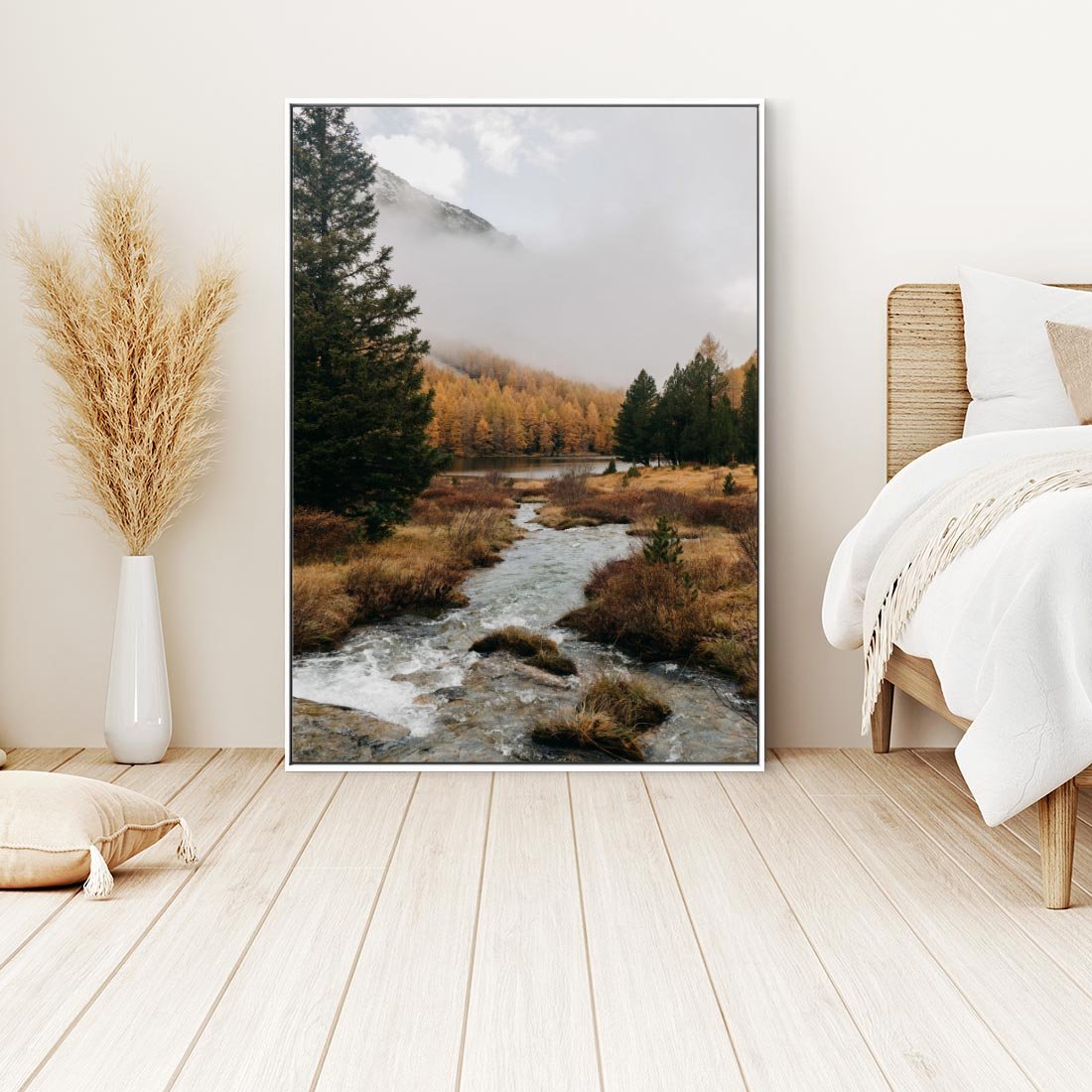 Obraz w ramie 80x120 - W Górskiej Dolinie - artystyczna fotografia, las - rama biała