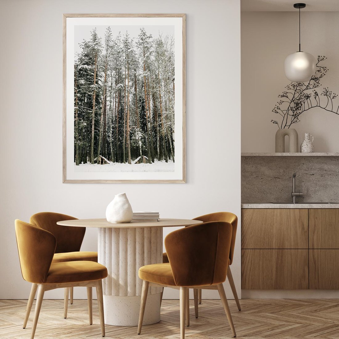 Plakat w ramie 50x70 - Sypiący Śnieg - las w zimie, drzewa pod śniegiem - rama drewno