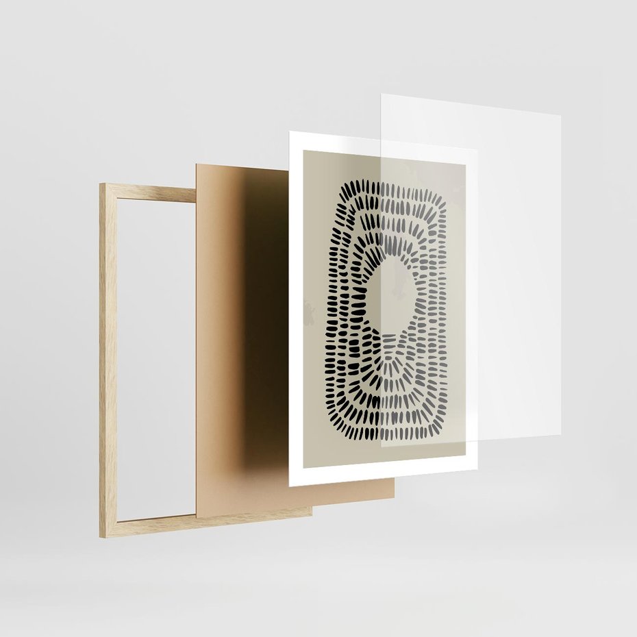 Plakat w ramie 50x70 - Zaklęte Wnętrza - boho plakat, czarne kropki kreski - rama drewno
