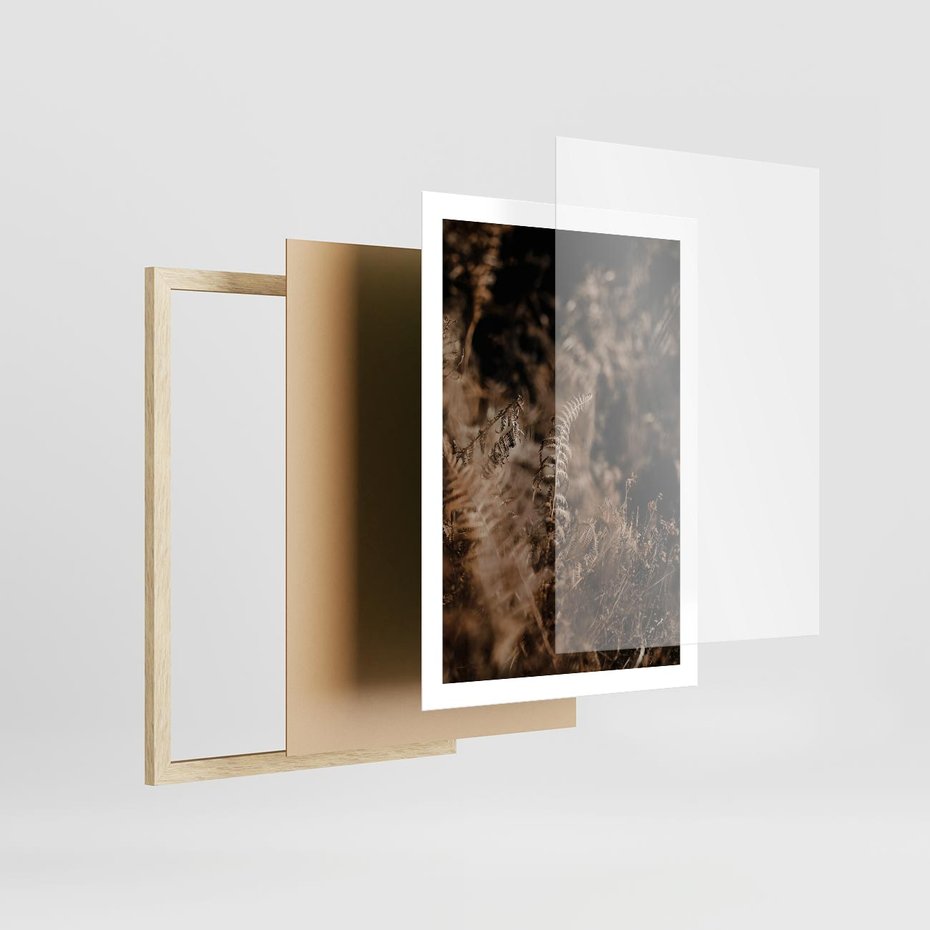 Plakat w ramie 50x70 - Delikatne Detale - paprocie, brąz - rama drewno