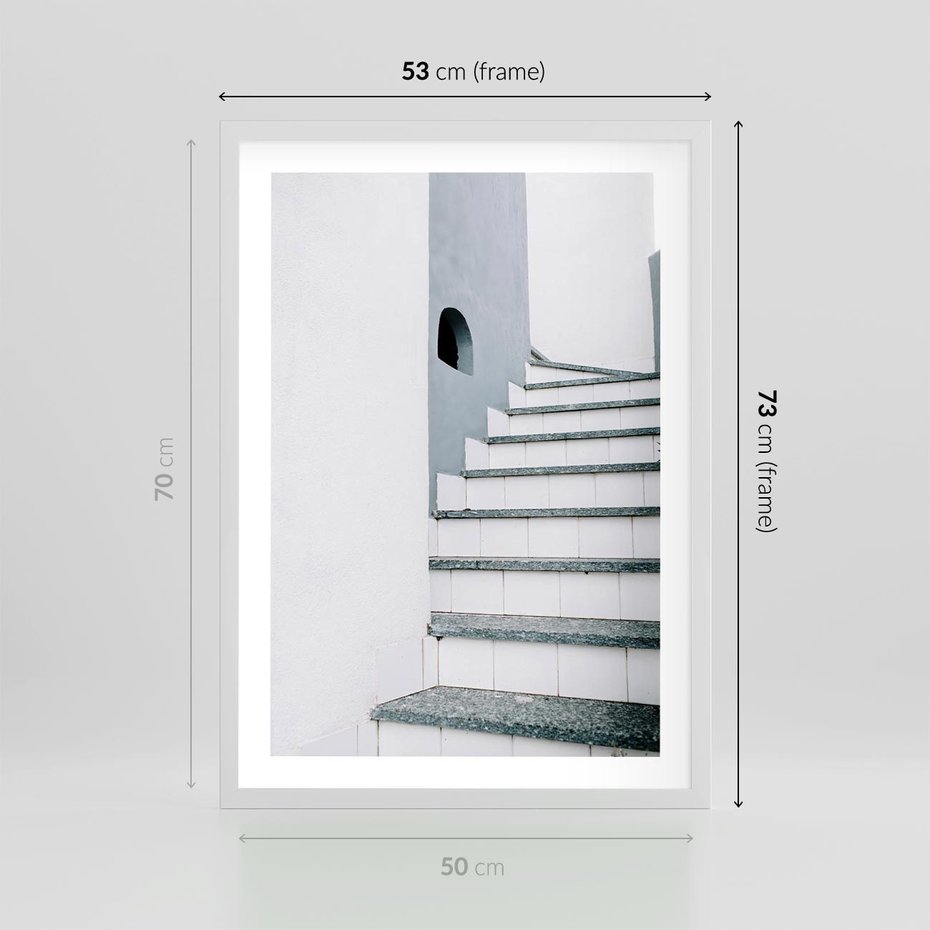 Plakat w ramie 50x70 - Schody ku Urokowi Wyspy - schody, santorini - rama biała
