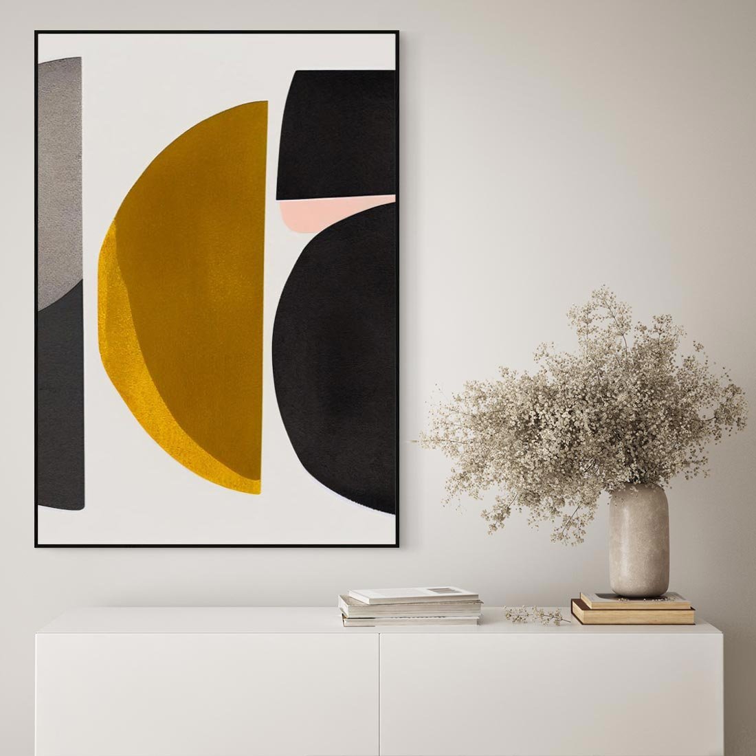 Obraz w ramie 70x100 - Tajemnice sztuki odkryte - geometryczne półkola, kształty - rama czarna