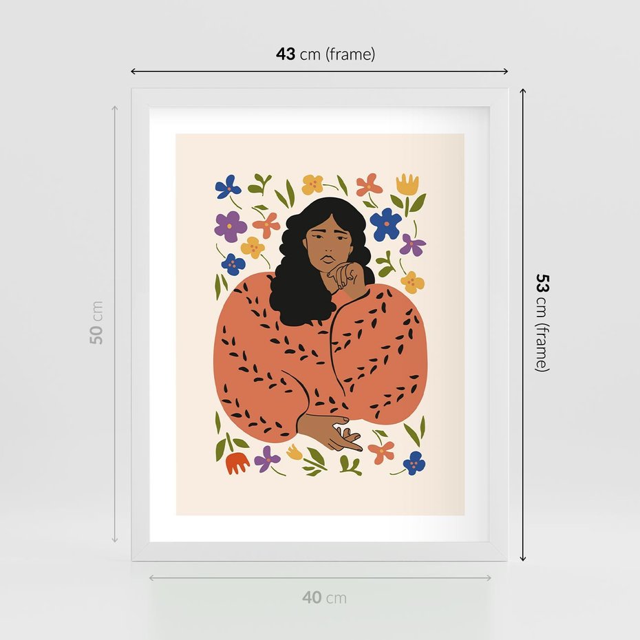 Plakat w ramie 40x50 - Rozplątane Emocje - nowoczesny plakat, kobieta otoczona kwiatami - rama biała