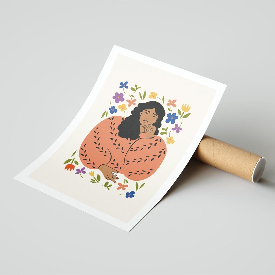 Plakat bez ramy 21x30 - Rozplątane Emocje - nowoczesny plakat, kobieta otoczona kwiatami