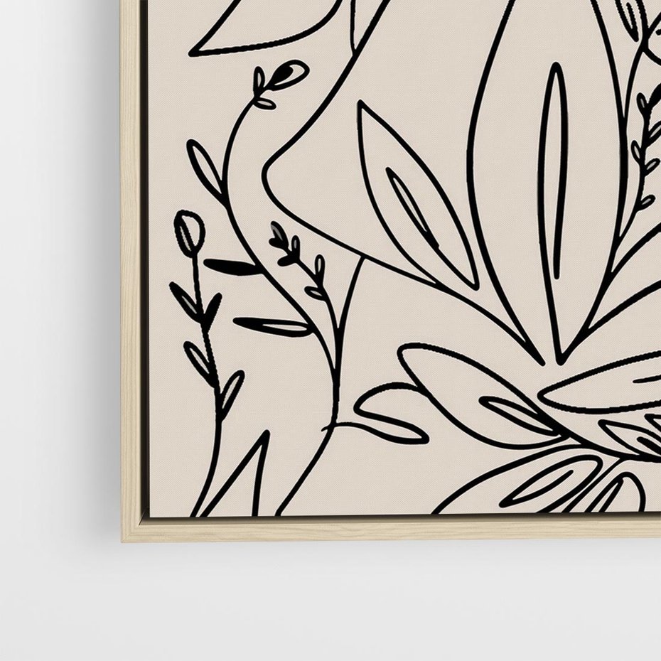 Obraz w ramie 80x80 - Kobiecy Portret Duszy - beżowe tło, czarny szkic nowoczesnych kwiatów - rama drewno