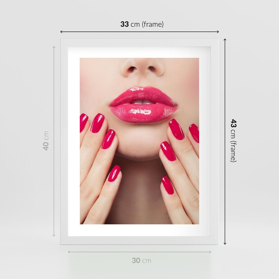 Plakat w ramie 30x40 - Wyrażenie Piękna - paznokcie, usta - rama biała