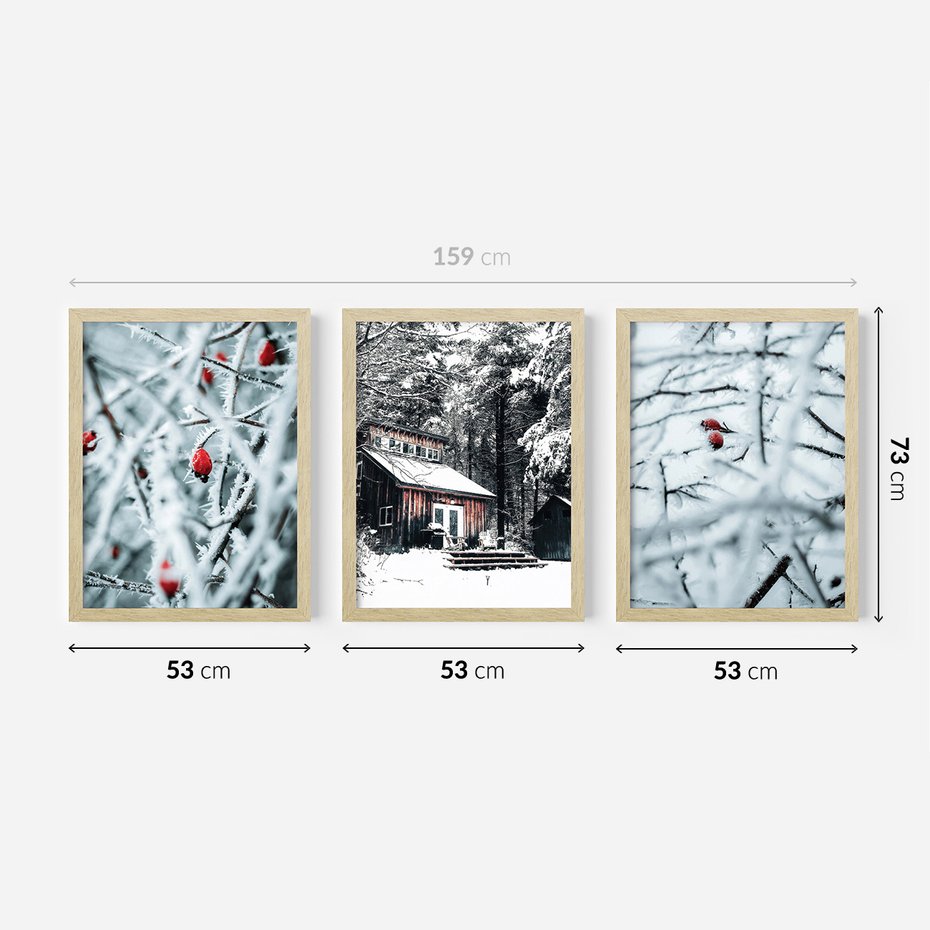 Zestaw obrazy w ramie 50x70 galeria - Zimowa, scenerai, domek, śnieg - rama drewno