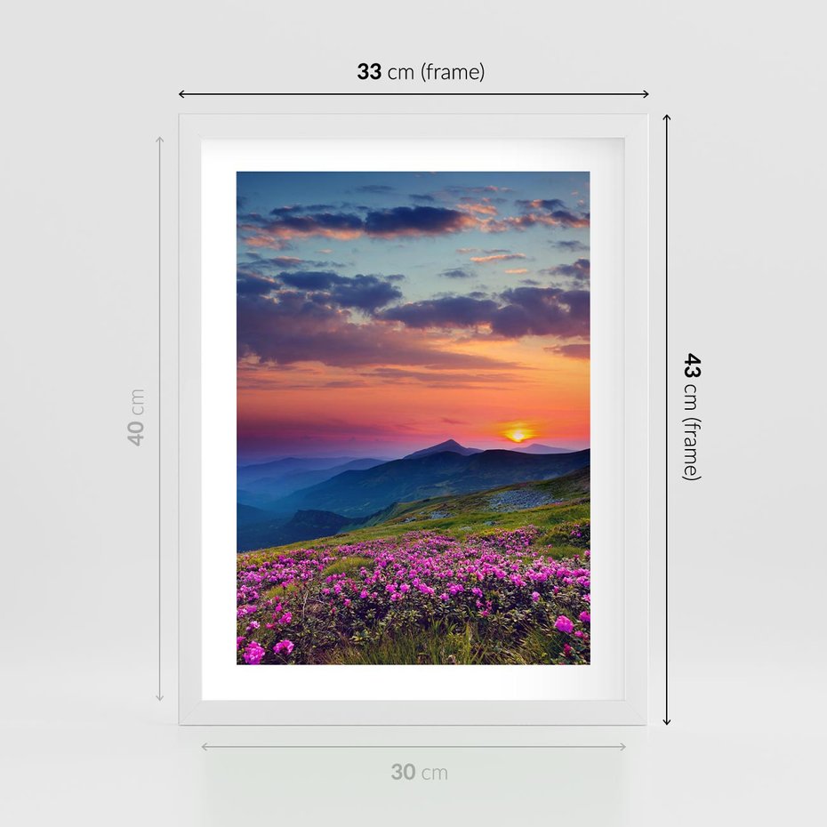 Plakat w ramie 30x40 - Górski Zachód - góry, łąka - rama biała