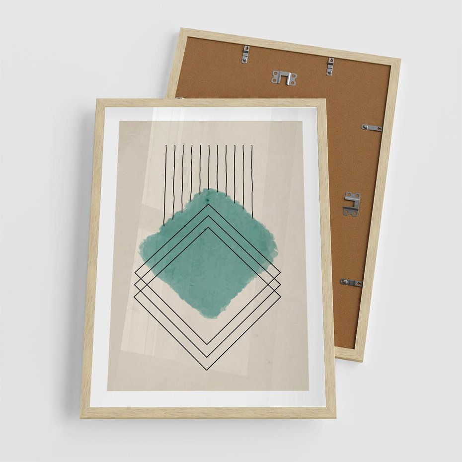 Plakat w ramie 50x70 - Impresje Przestrzeni - akwarelowa plama, geometryczne szkicowane kształty - rama drewno
