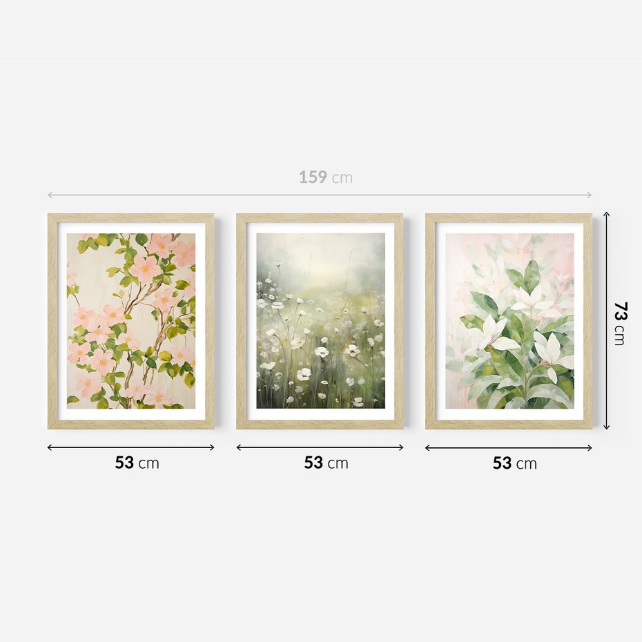 Zestaw obrazy w ramie 50x70 galeria - kwiaty, łąka, boho, akwarela - rama drewno