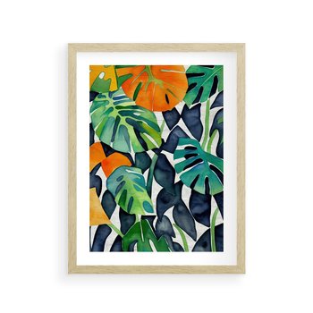 Plakat w ramie 30x40 - Tropikalne Pragnienia - akwarela, liście tropikalne - rama drewno