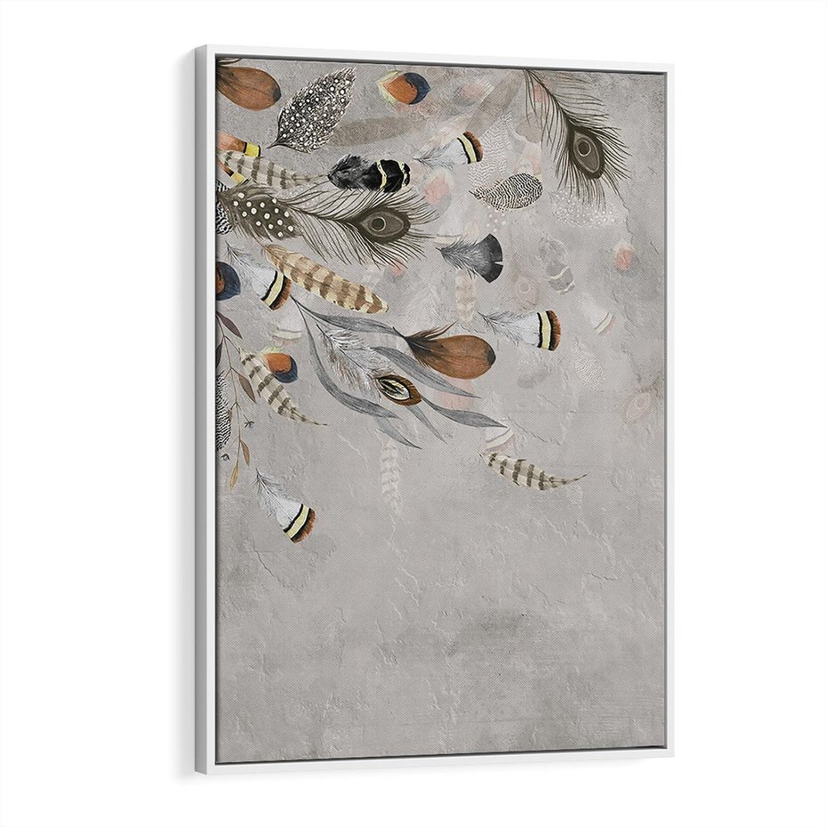 Obraz w ramie 80x120 - Sploty losu na płótnie - kompozycja boho piór, indiańskie pióra - rama biała