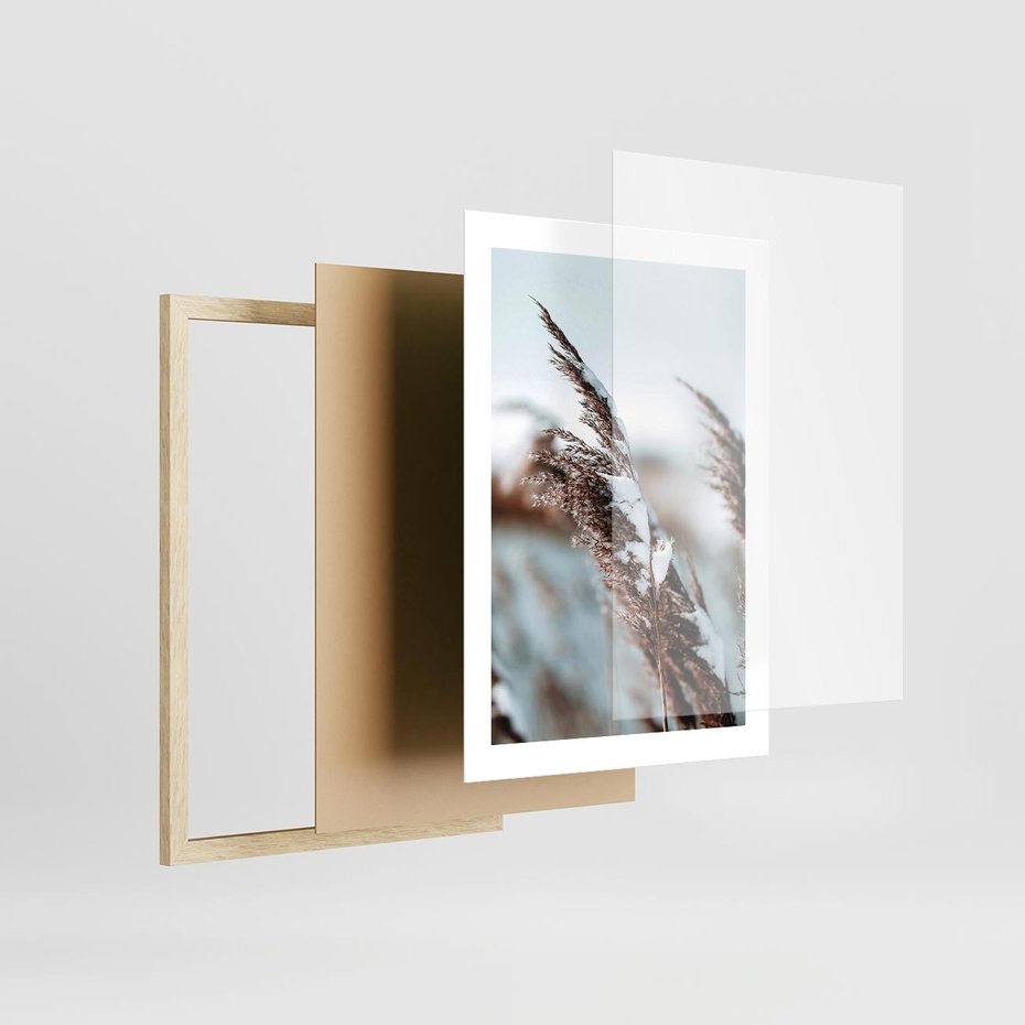 Plakat w ramie 30x40 - Zima na Suchych Trawach - suche trawy, śnieg wysokich na trawach - rama drewno