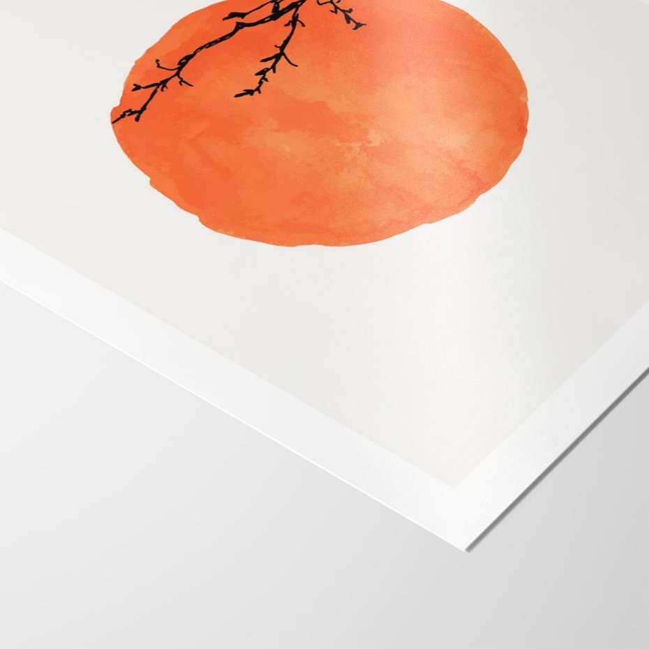 Plakat bez ramy 50x70 - Słońce i Gałązka - pomarańczowe słońce, gałązka