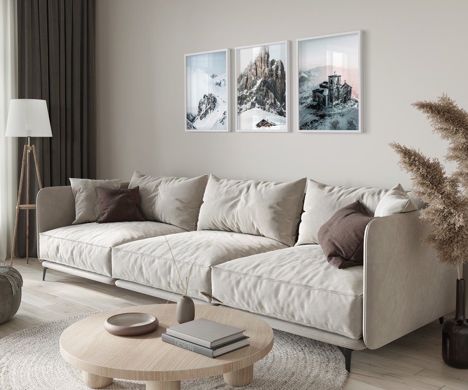 Zestaw obrazy w ramie 30x40 galeria - Retro, krajobraz, góry, zima, zamek - rama biała