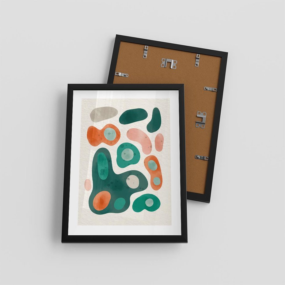 Plakat w ramie 30x40 - Kolorowe Przenikanie - przypadkowe abstrakcyjne plamy, pomarańczowy i zielony - rama czarna