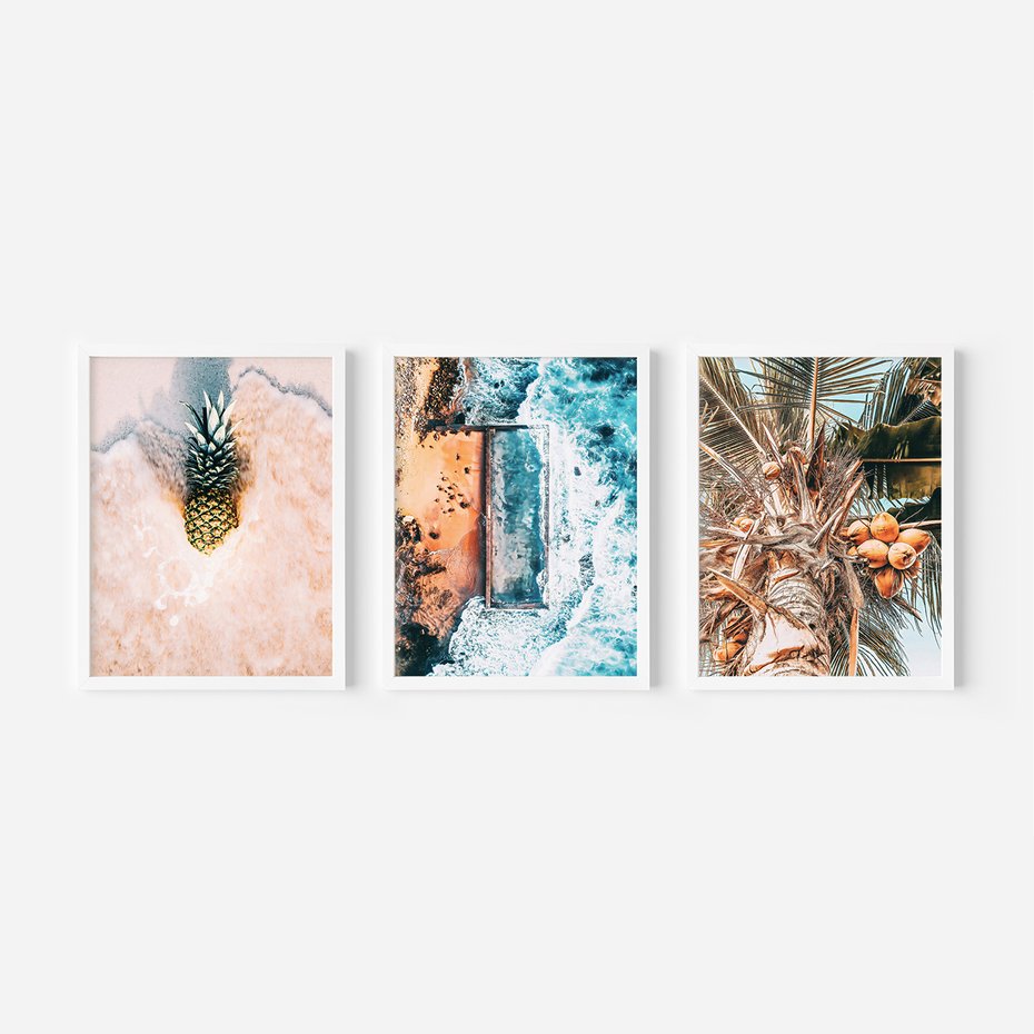 Zestaw obrazy w ramie 40x50 galeria - Plaża, morze, ananas, kokosy, palmy - rama biała