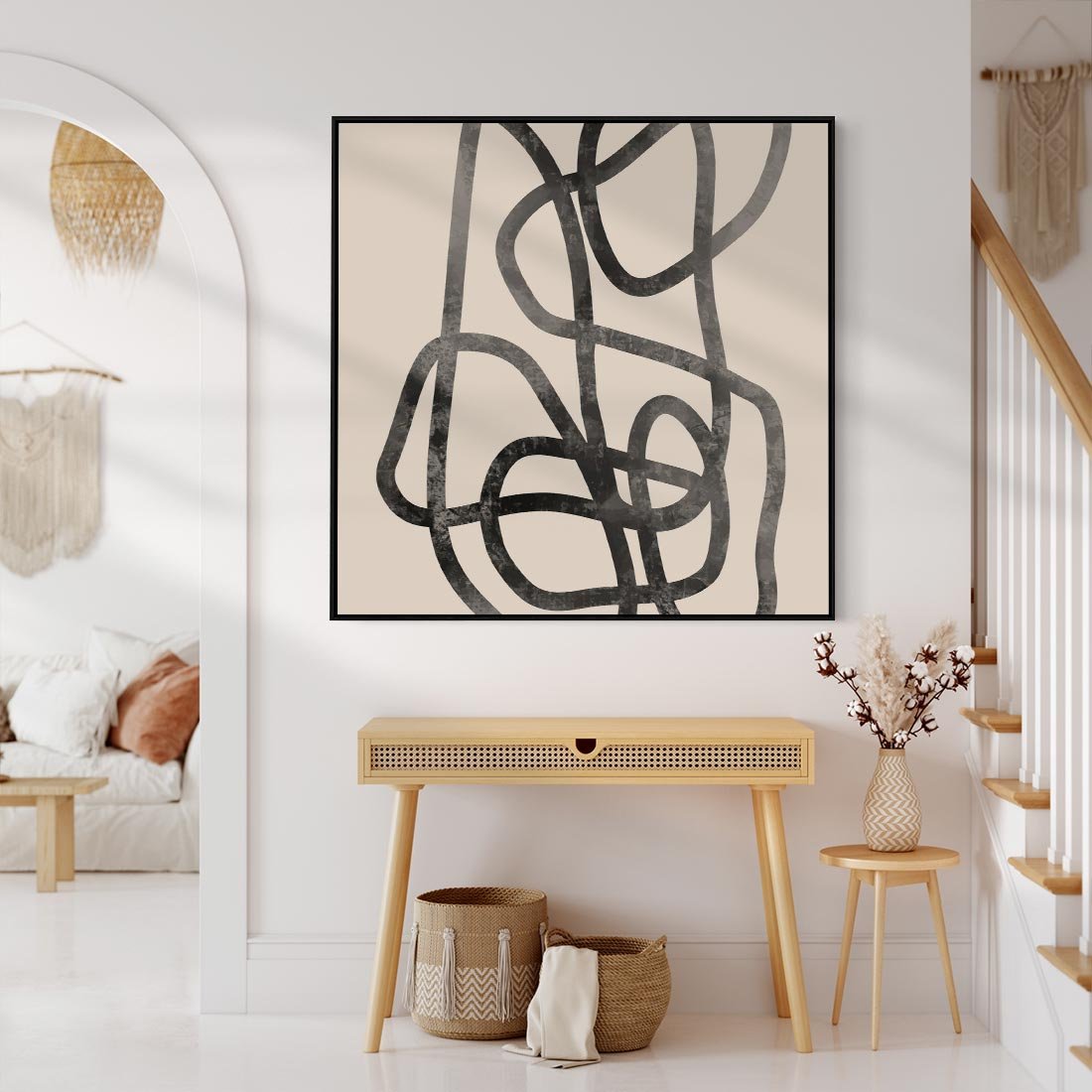 Obraz w ramie 50x50 - Przenikanie Wirtualnych Wymiarów - zaplątane minimalistyczne linie, na bezowym tle - rama czarna
