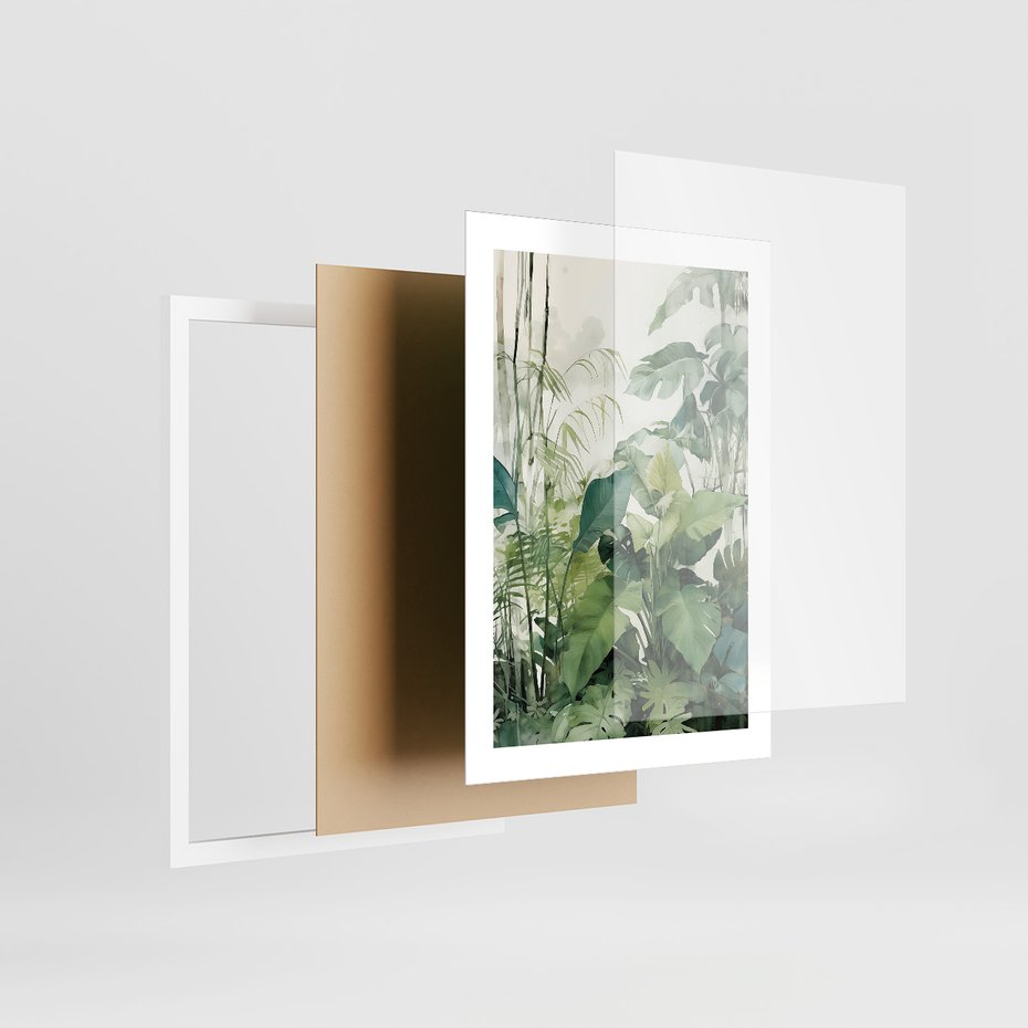 Zestaw obrazy w ramie 40x50 galeria - tropiki, liście, tygrys, papuga, dżungla - rama biała