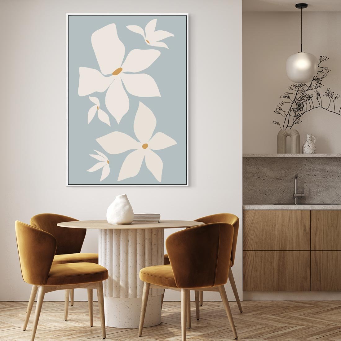 Obraz w ramie 70x100 - Błękit Kwiatów - kwiaty, nowoczesne i minimalistyczne - rama biała