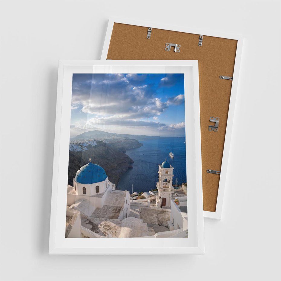 Plakat w ramie 50x70 - Błękitne Przezycia - Santorini, morze - rama biała