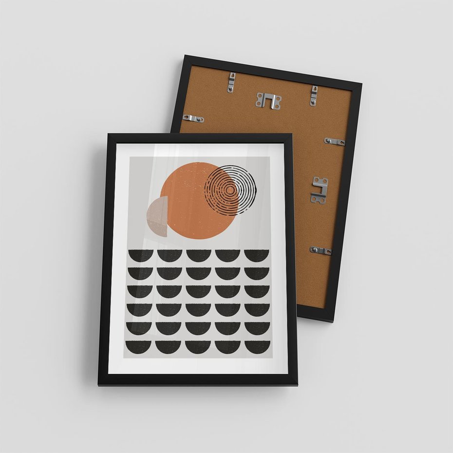 Plakat w ramie 30x40 - Geometryczna Ekspresja - geometryczny graficzny obraz, pomarańczowe koło - rama czarna