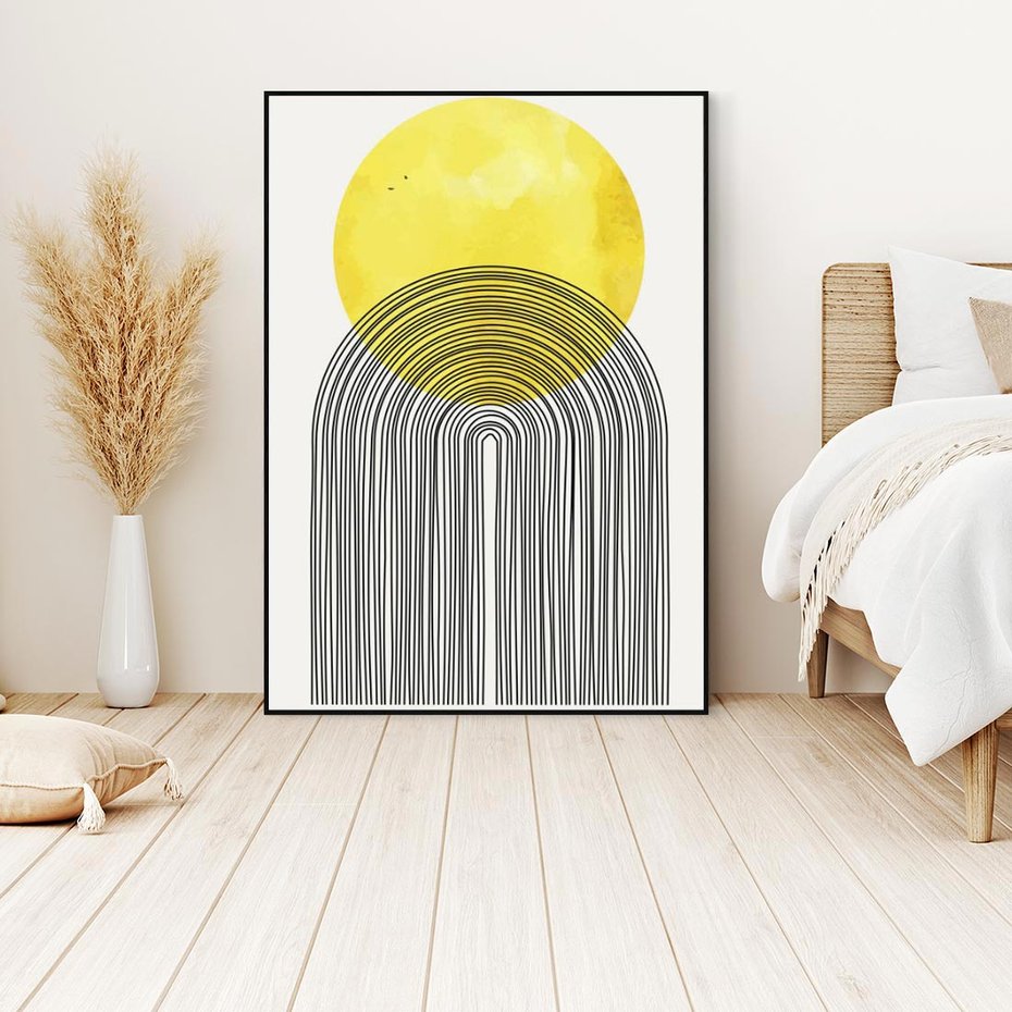 Obraz w ramie 50x70 - Słoneczne Odbicia - geometria, żółte koło - rama czarna