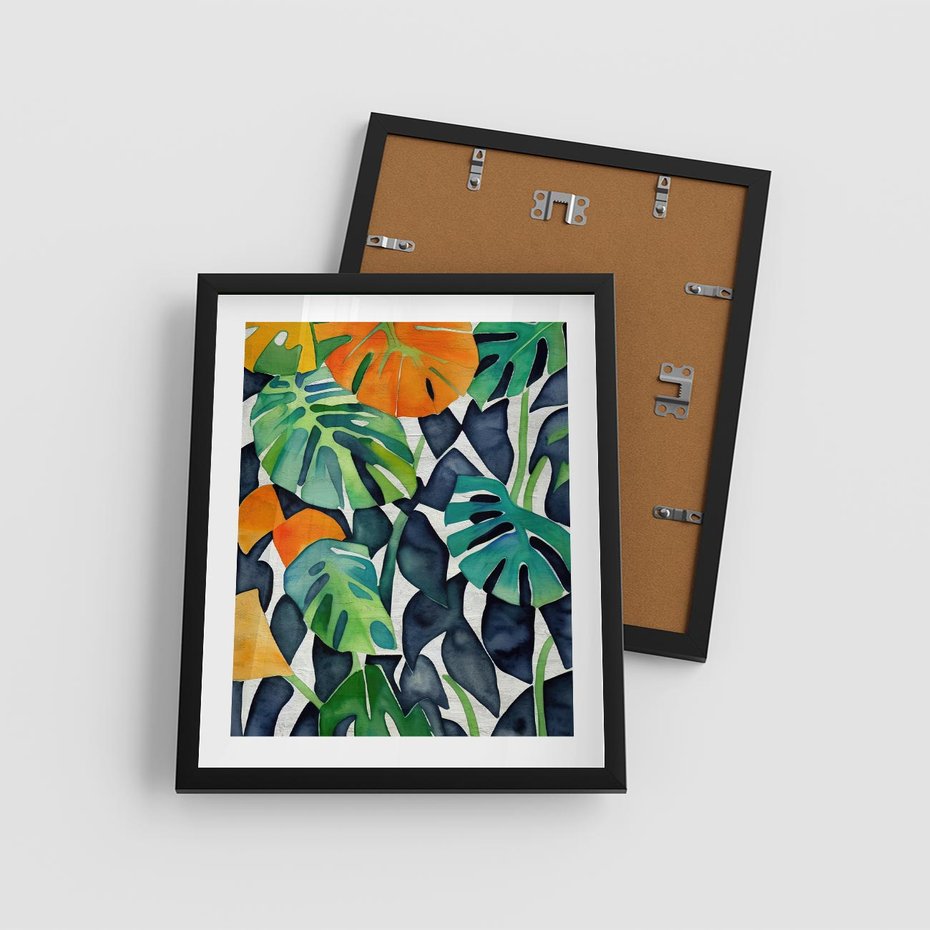 Plakat w ramie 40x50 - Tropikalne Pragnienia - akwarela, liście tropikalne - rama czarna