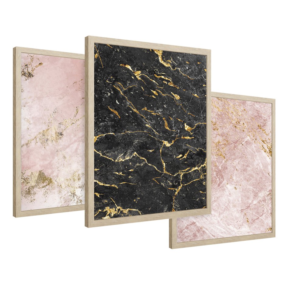 Zestaw obrazy w ramie 50x70 galeria - Marmur, złoto, róż, czerń - rama drewno