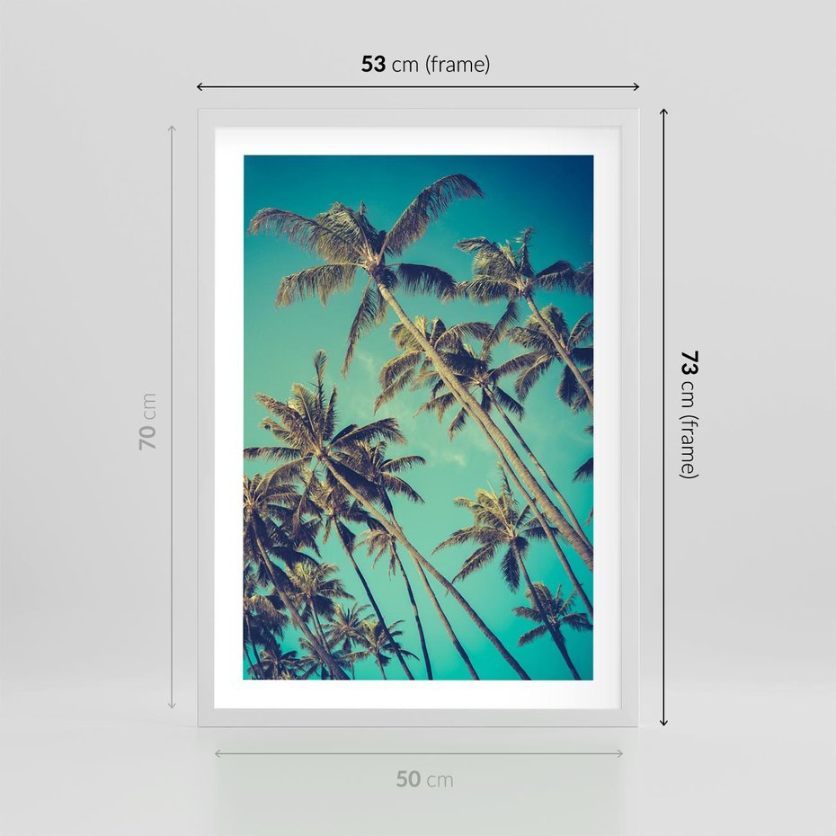 Plakat w ramie 50x70 - Tropikalne palmy w krainie słonecznych wakacji - palmy, tropiki - rama biała